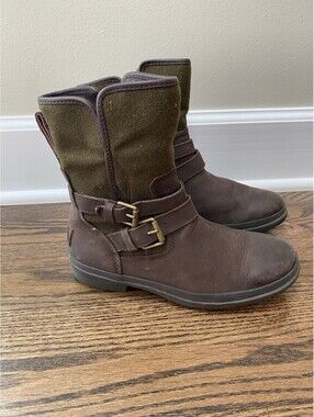 Ugg Simmens Boot Brown Leather Green Wool Sherpa Wool Winter 1005269 Size 6